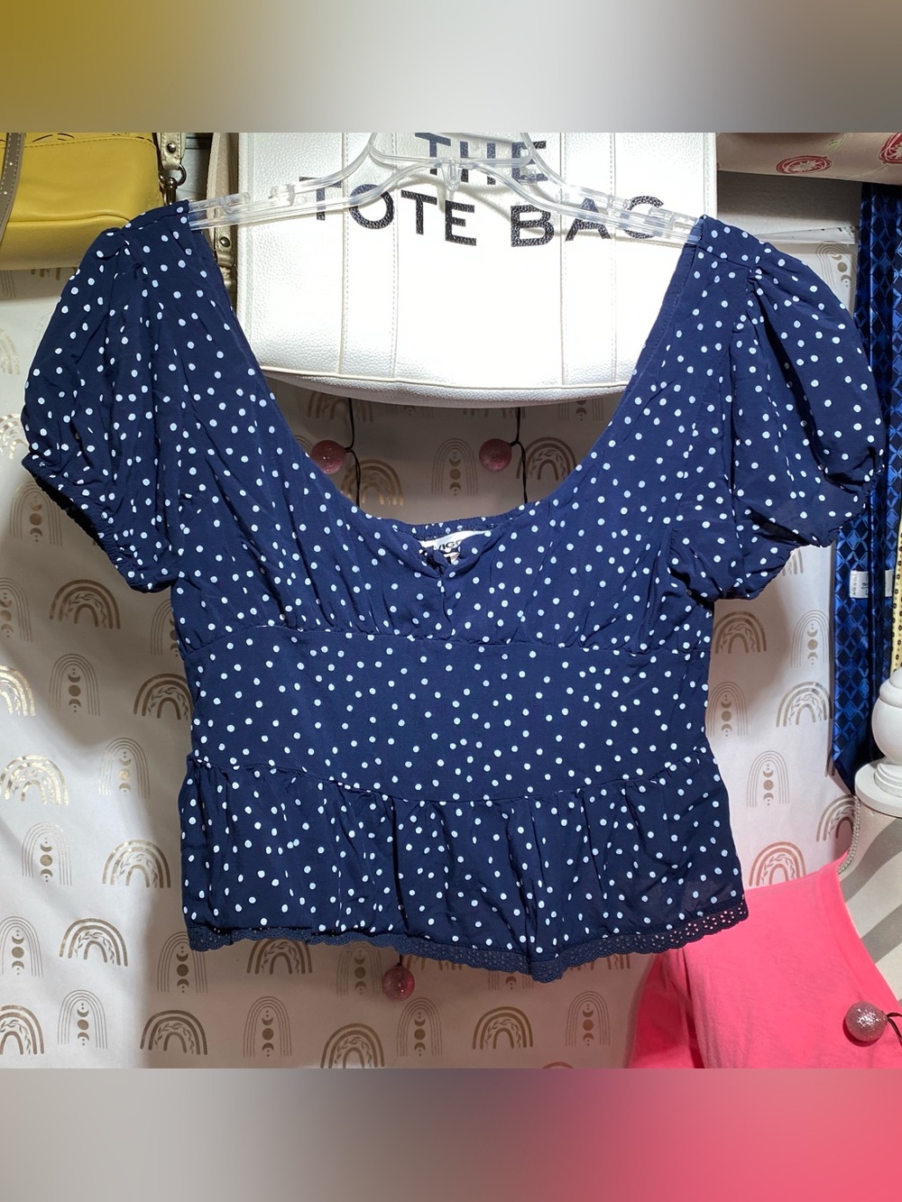 Vigoss Navy Blue Polka Dot Puff Sleeve Crop Top